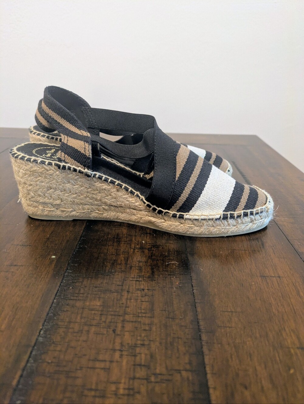 Toni Pons Tarbes Striped Espadrille Wedge Sandals Black Cream NWOB size EU 38/US